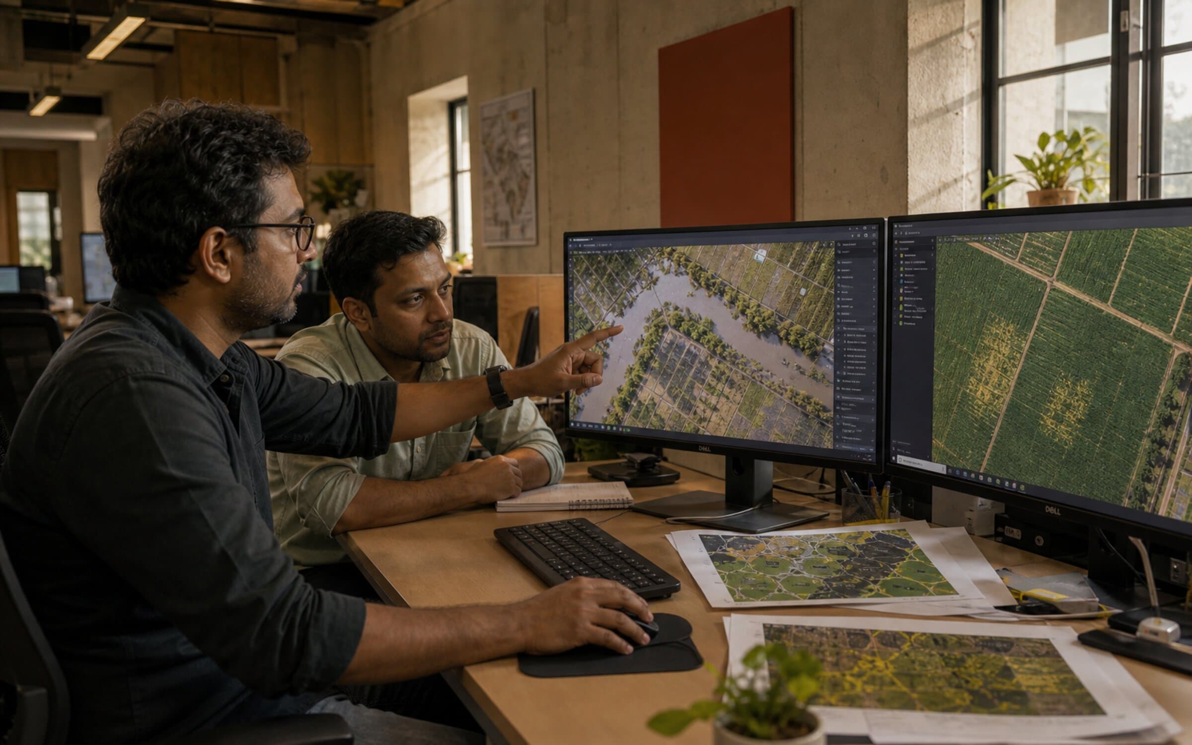 Engineers comparing seasonal agricultural image variations on dual monitors.