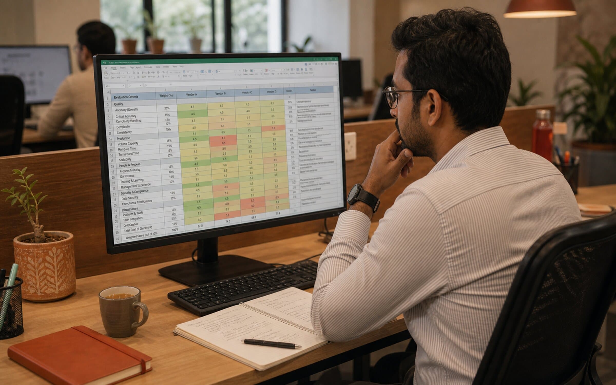 Procurement officer reviewing vendor evaluation matrix at desk.