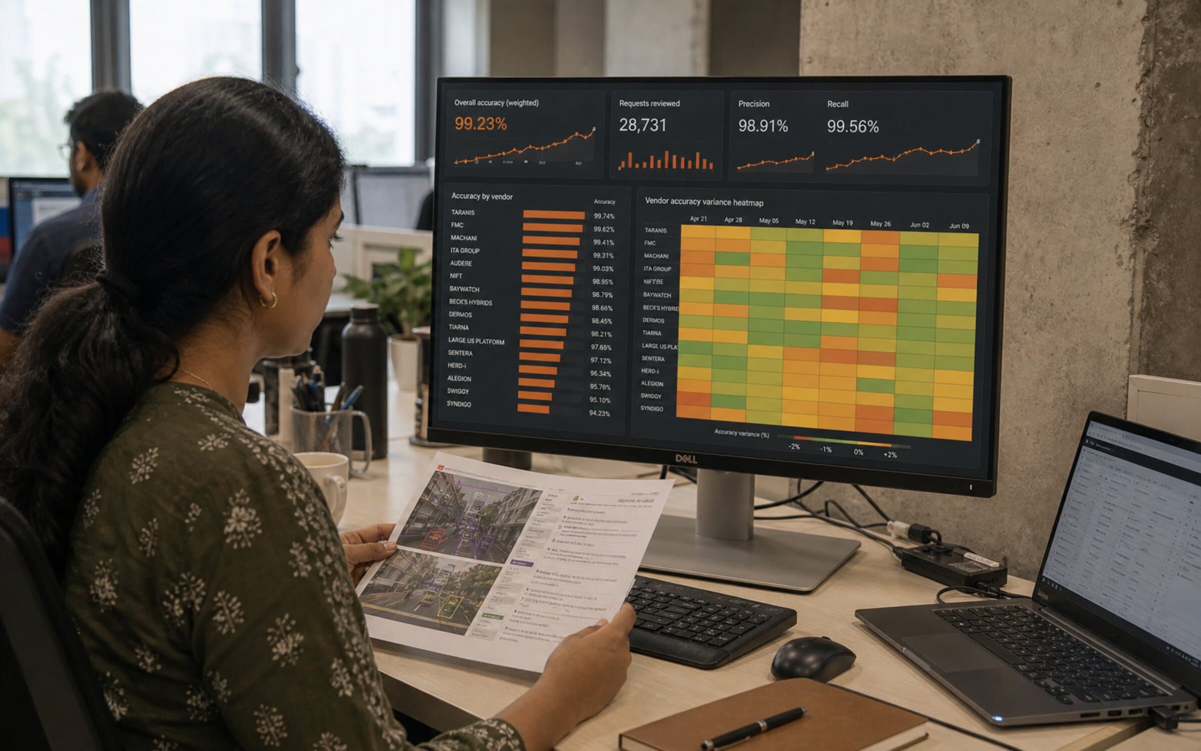 QA analyst examining vendor accuracy variance heatmap and printed examples.