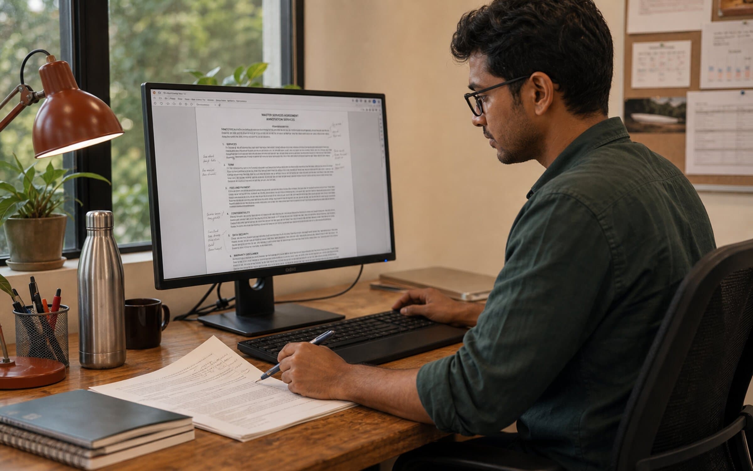 Engineer reviewing annotation vendor contract on screen and printed copy.