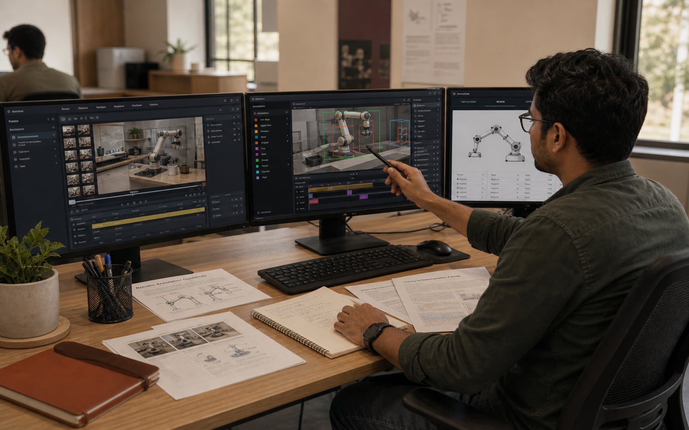 Roboticist comparing annotation platform interfaces on multi-monitor setup.