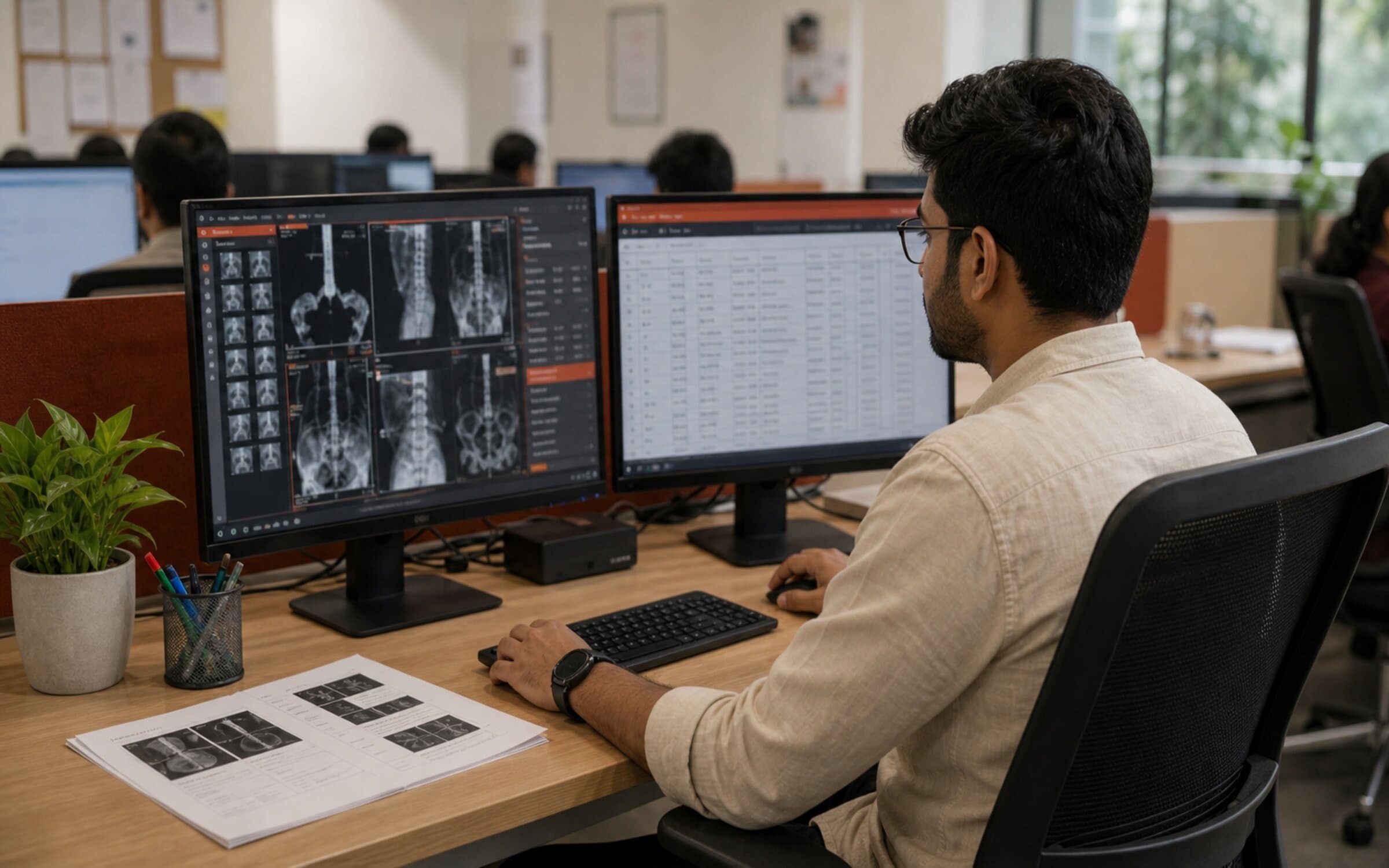 Clinical QA reviewer comparing imaging software output against validation protocol.