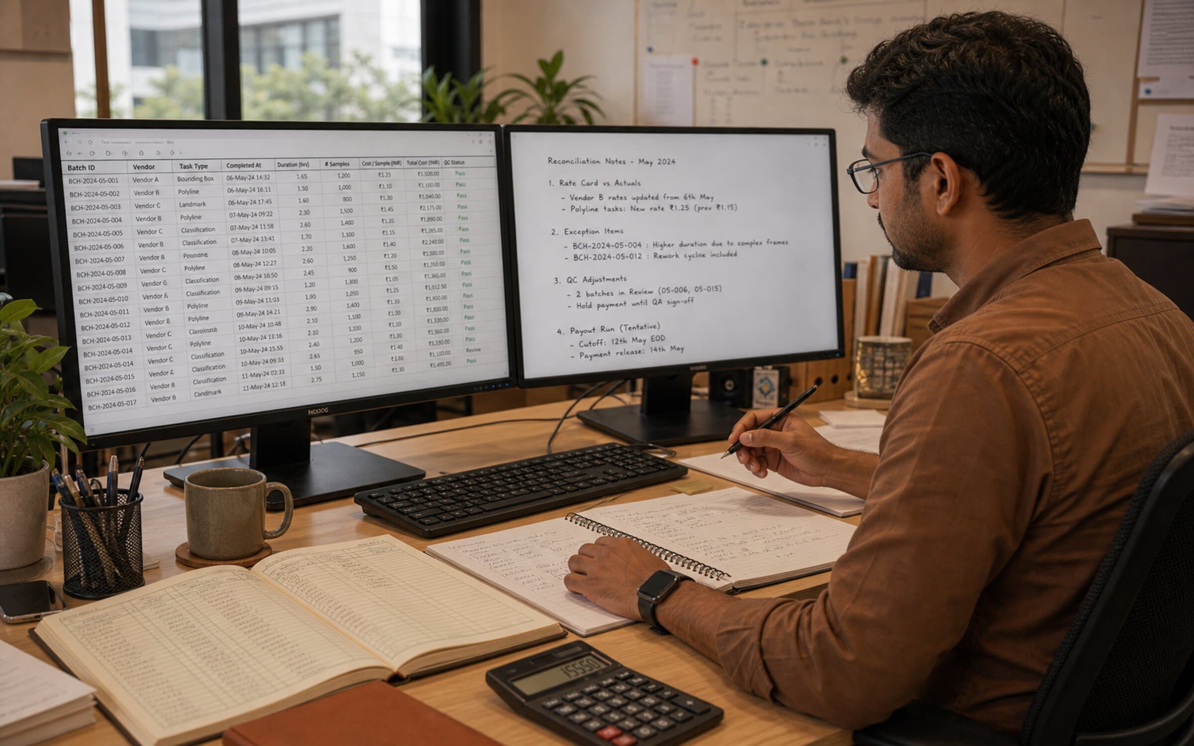 Operations manager reconciling gig-platform annotation costs and timelines.