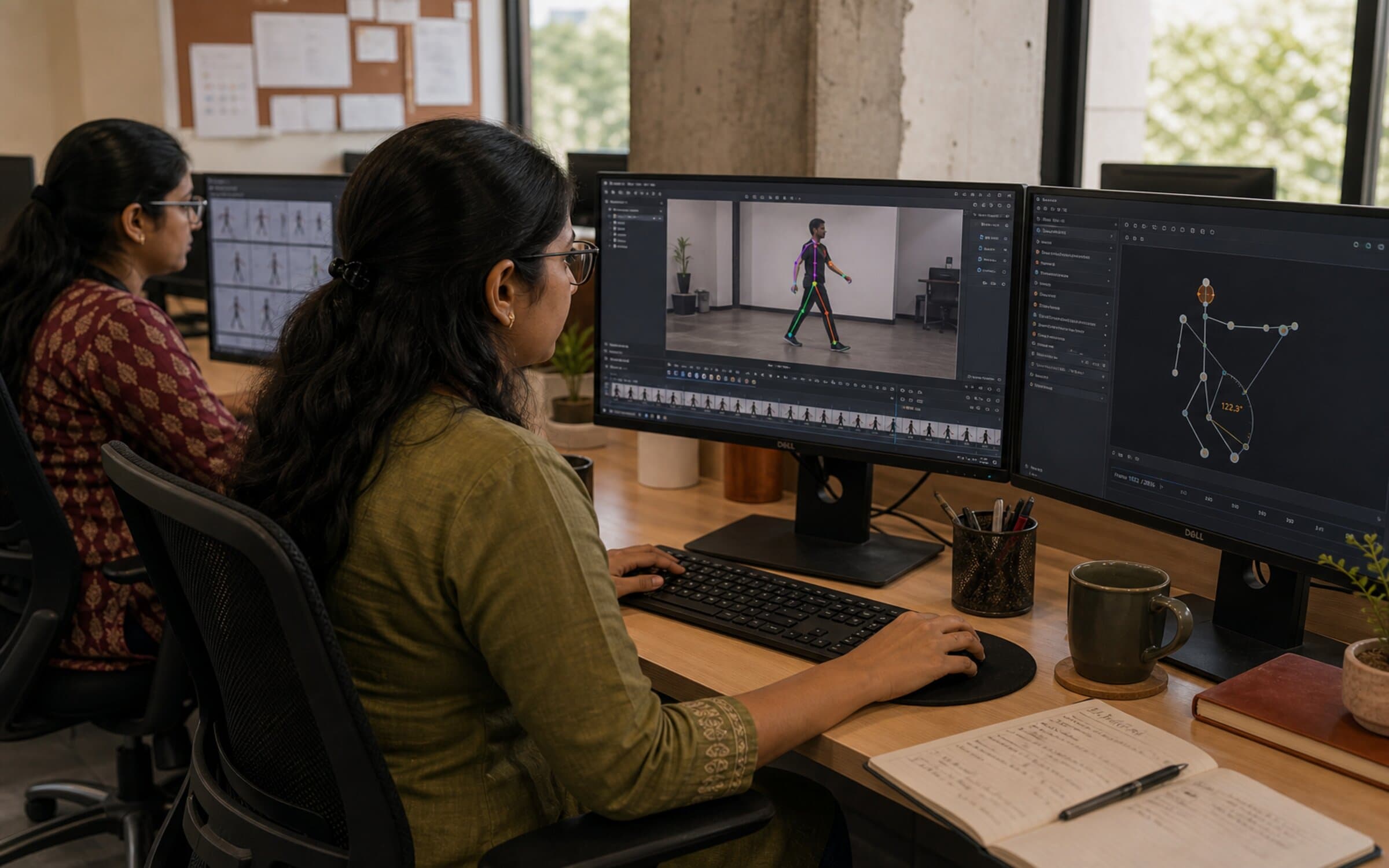 Annotators labelling humanoid motion capture skeleton keypoints.