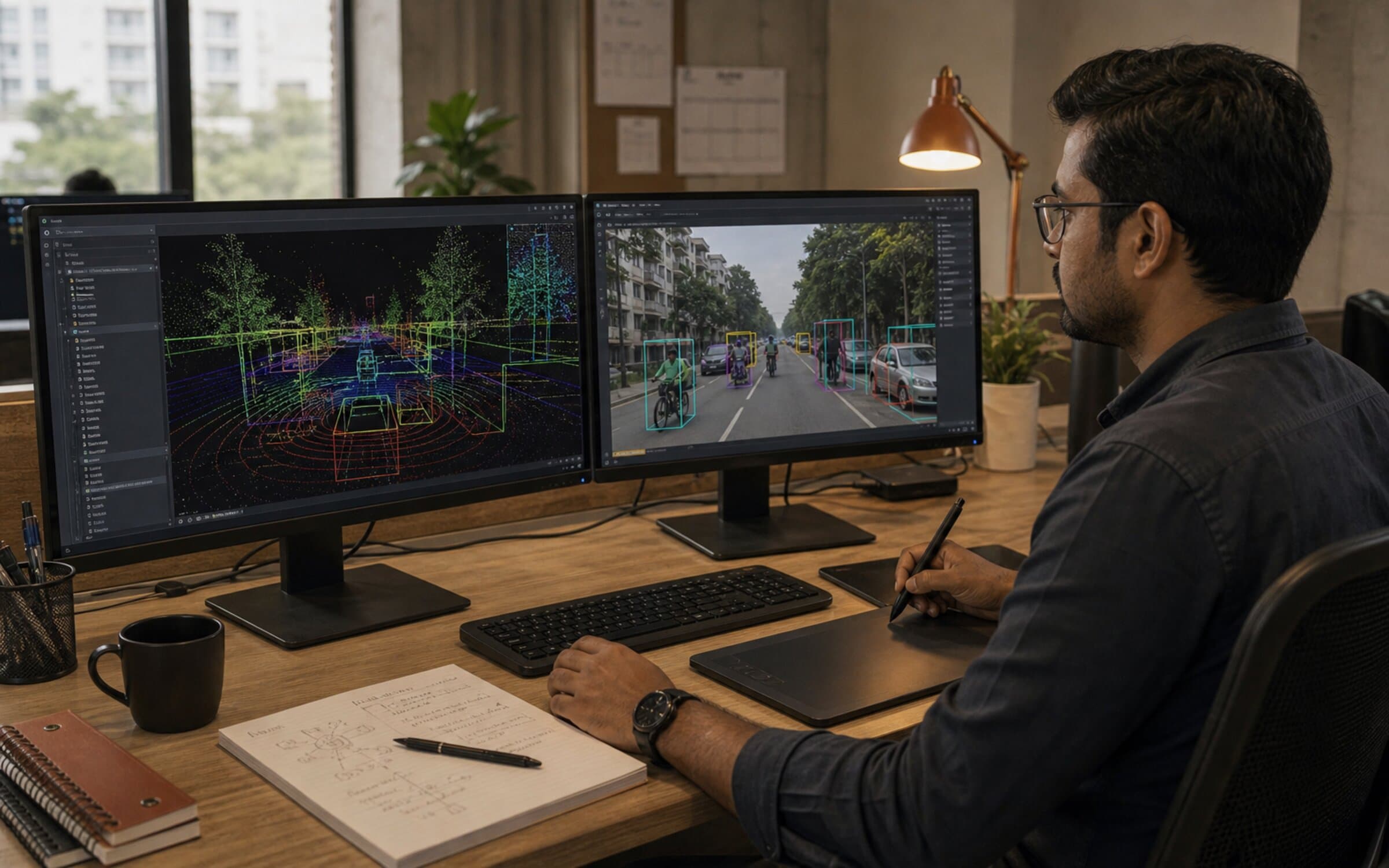 Sensor specialist comparing LiDAR point cloud and RGB annotation views.