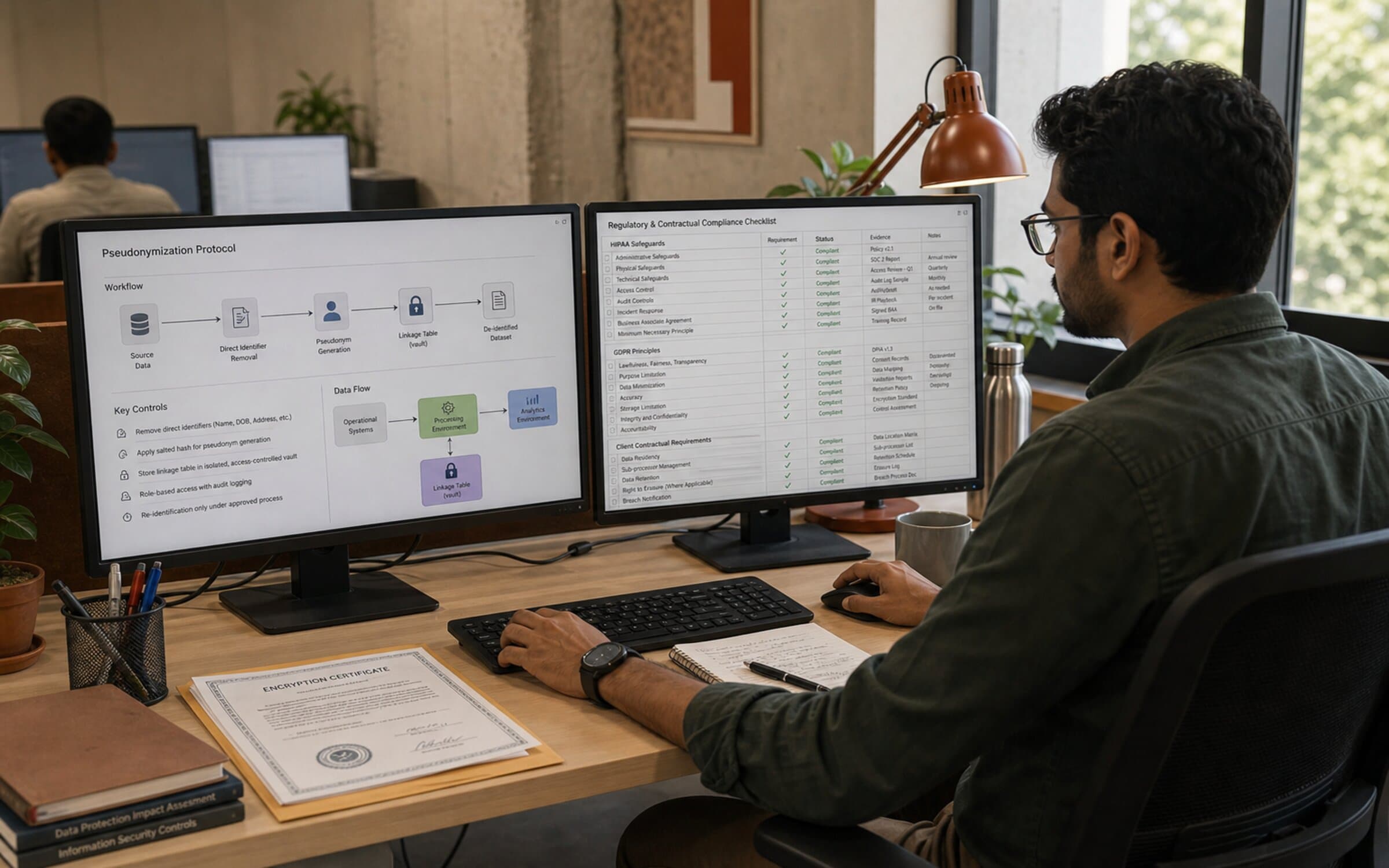 Compliance engineer reviewing pseudonymization and regulatory protocols.