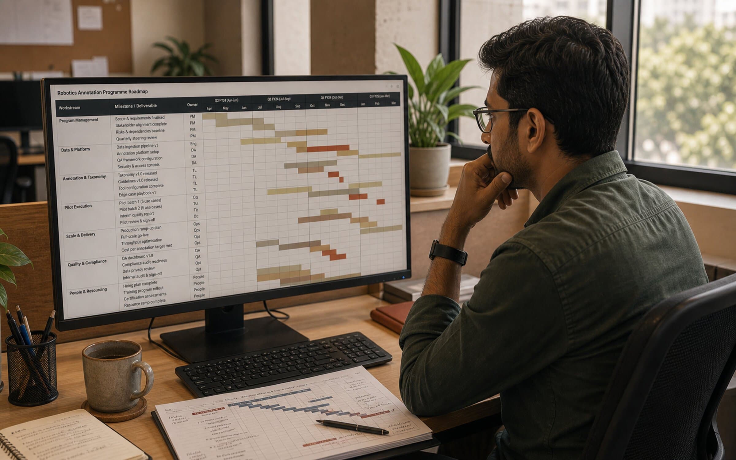 Programme manager reviewing multi-quarter robotics annotation roadmap.