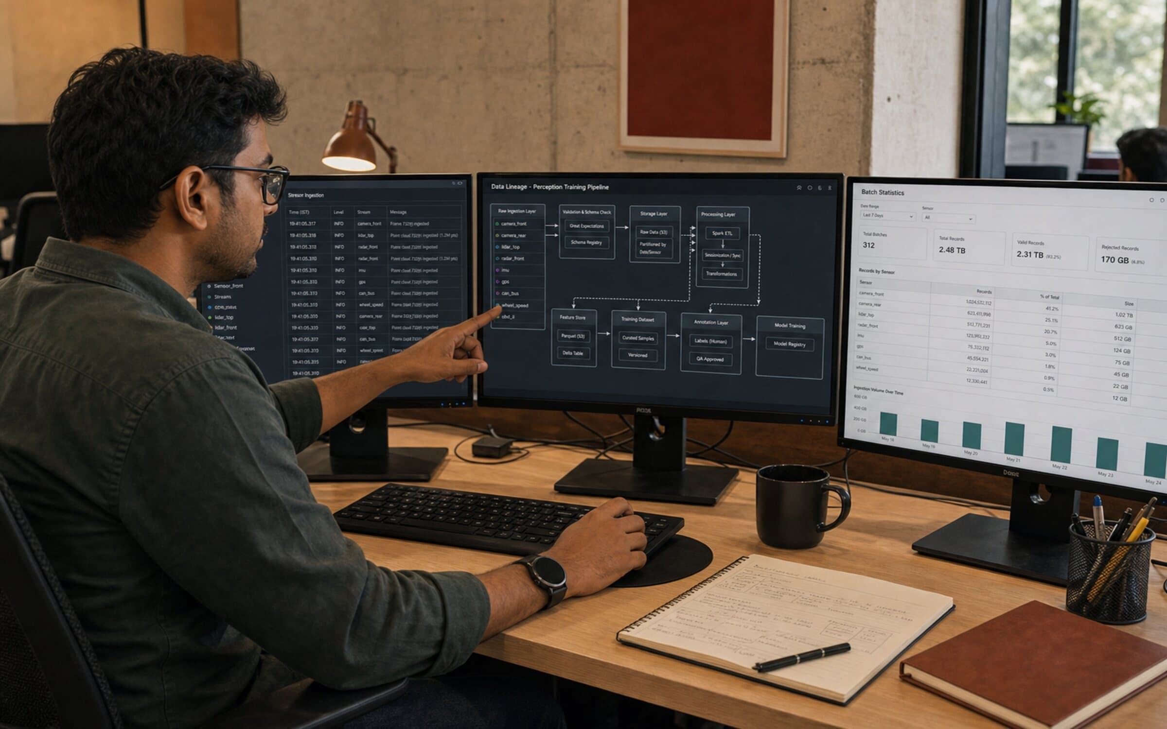 Data engineer monitoring physical-AI data pipeline across three monitors.