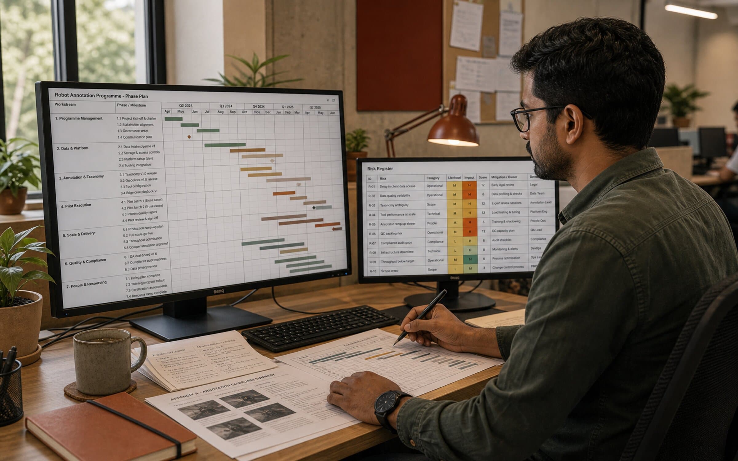 Project lead reviewing robot annotation programme timeline and risk register.