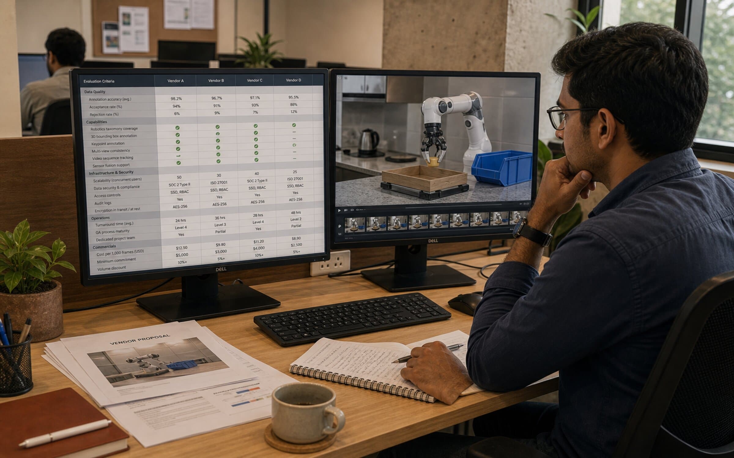 Engineer comparing robotics annotation vendor specifications and capability demo.