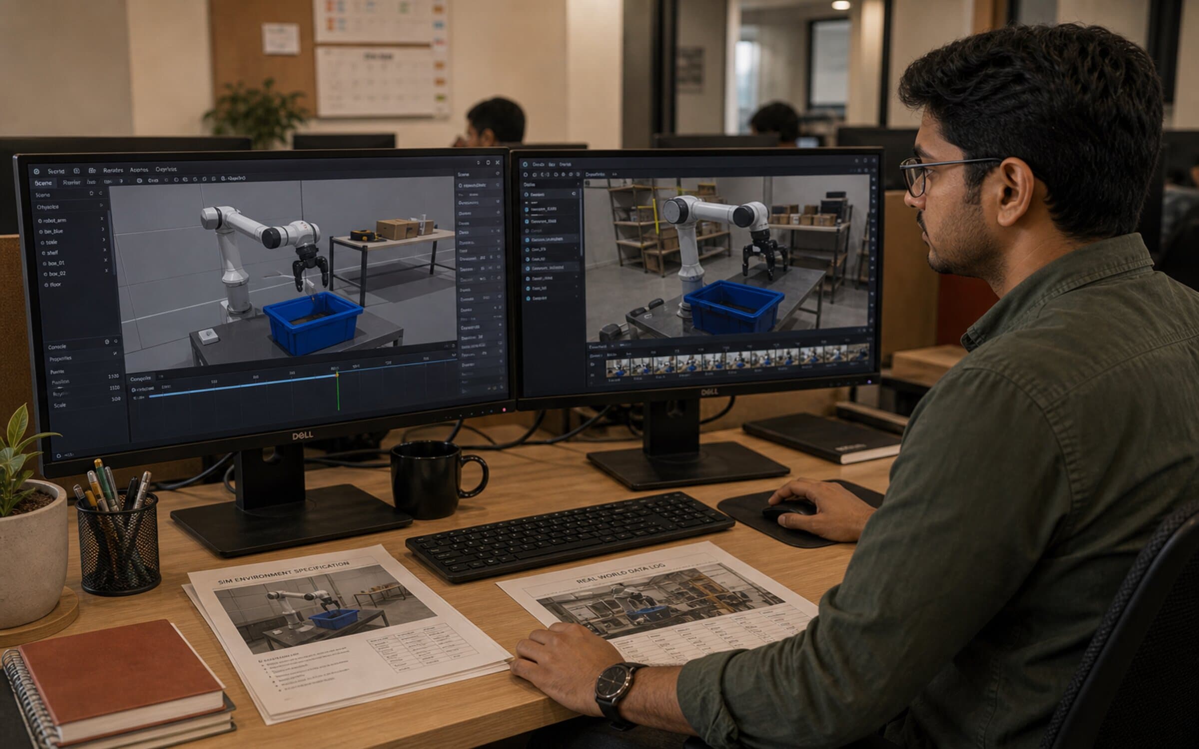 Engineer comparing simulated and real-world robot footage side-by-side.