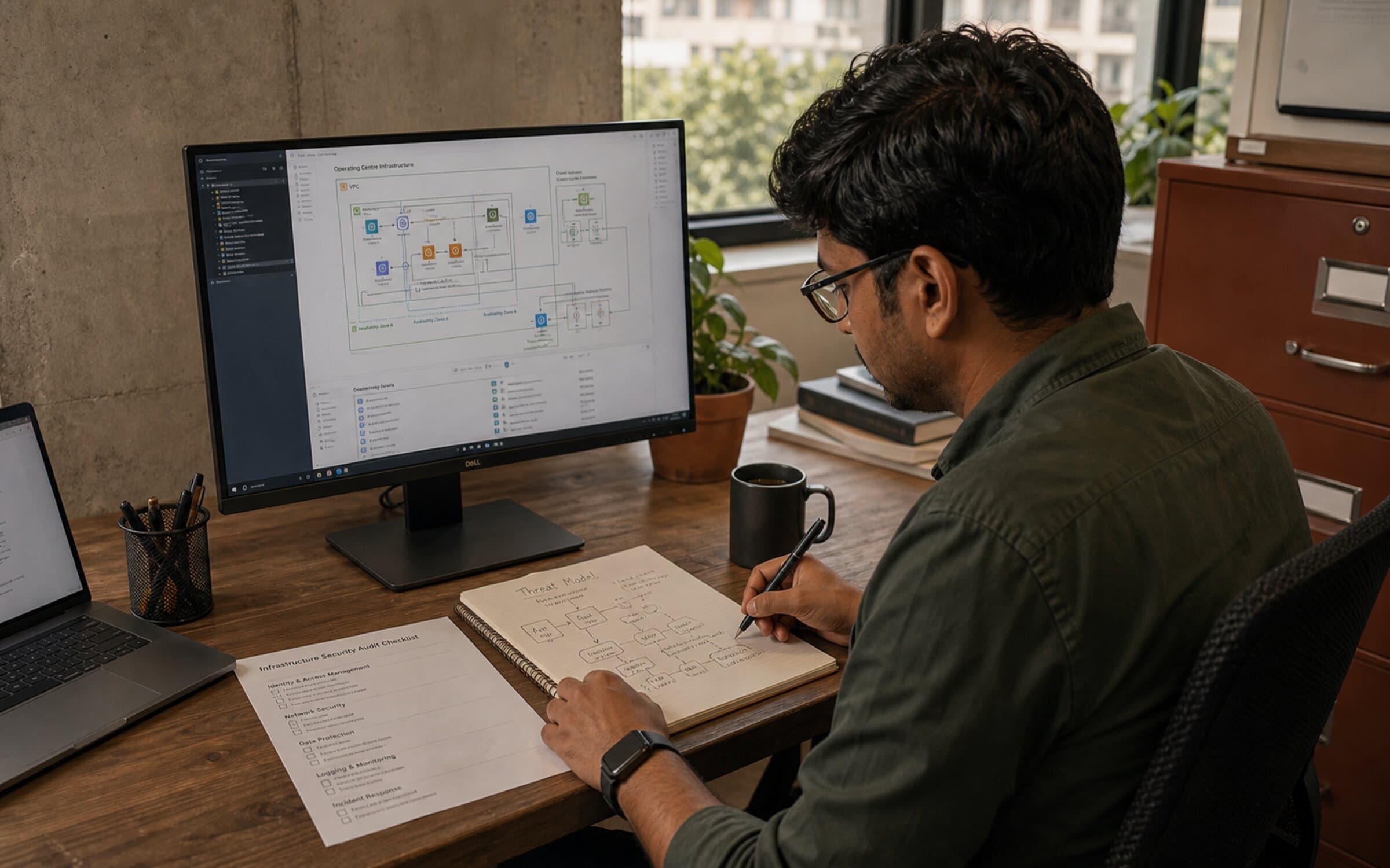 Engineer reviewing security audit diagram and compliance checklist.