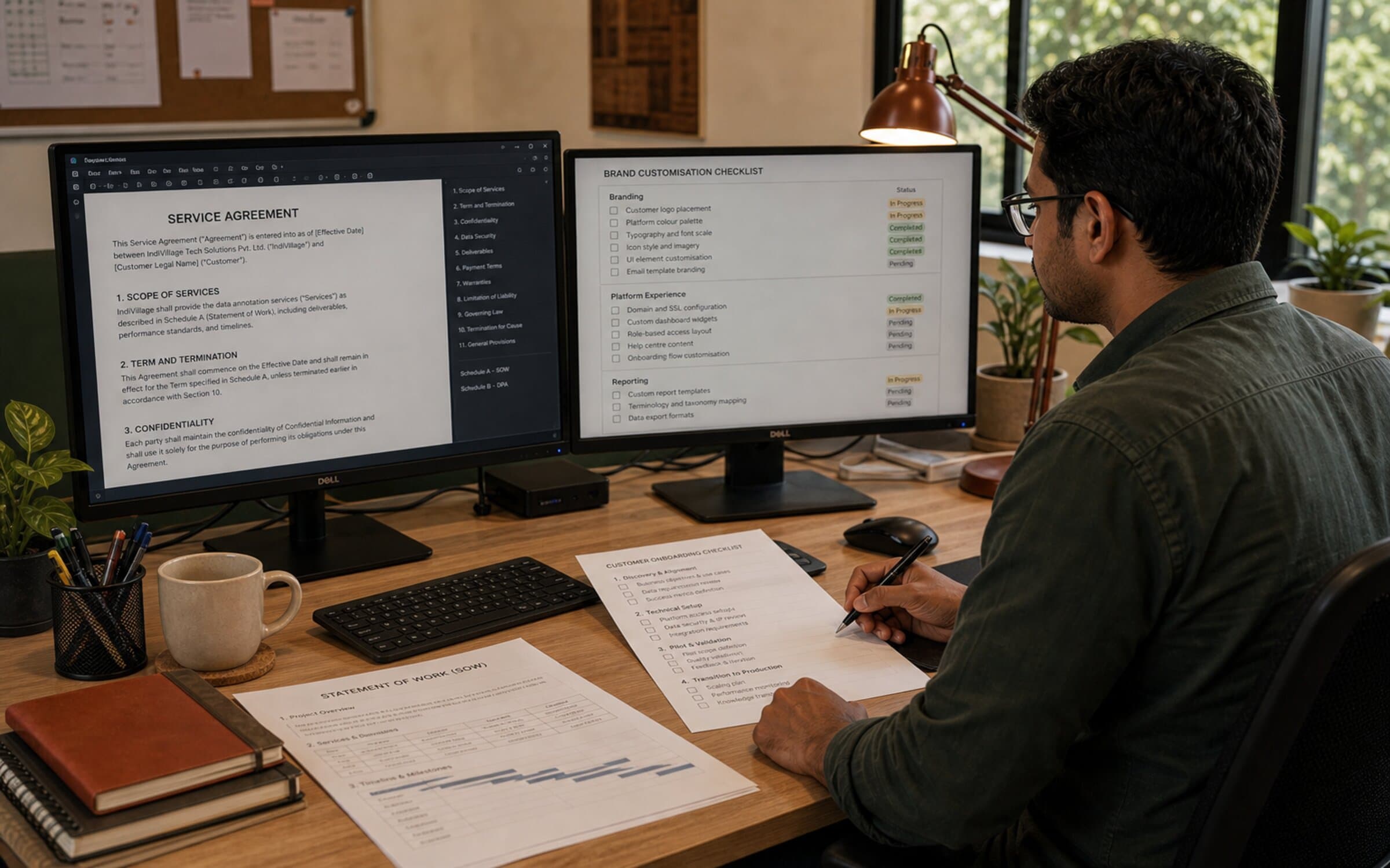 Account manager preparing white-label service agreement and customization checklist.