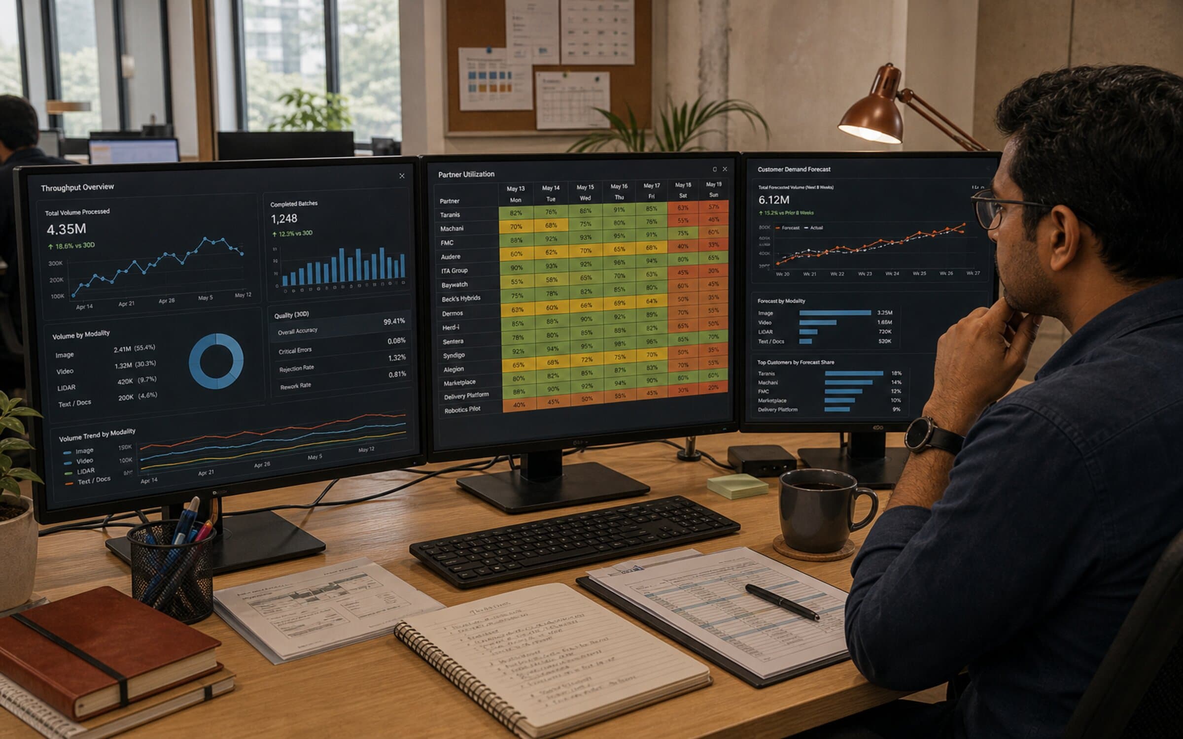 Operations director monitoring throughput, partner utilization, and demand forecast.