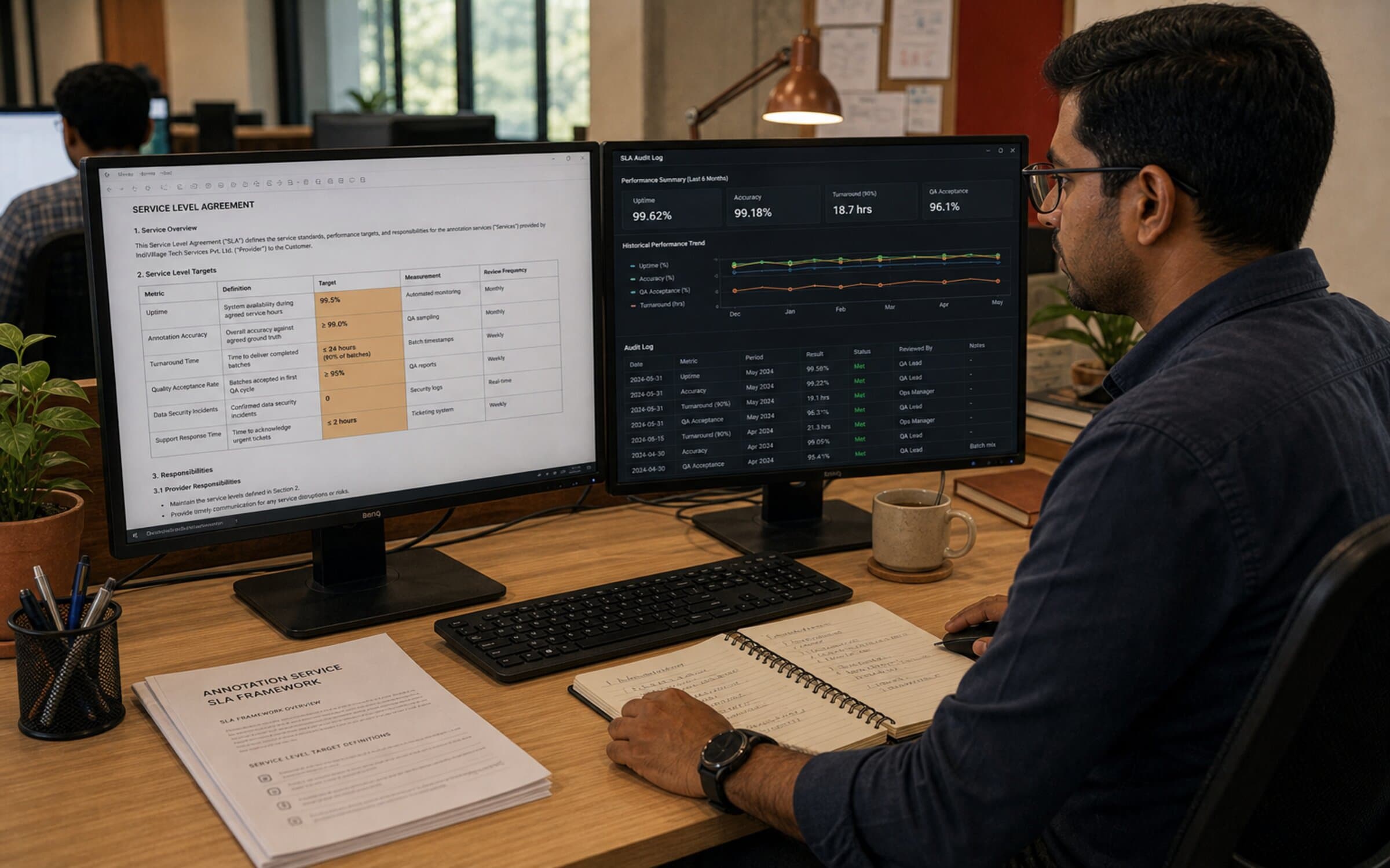 SLA manager drafting white-label customer agreement with performance targets.