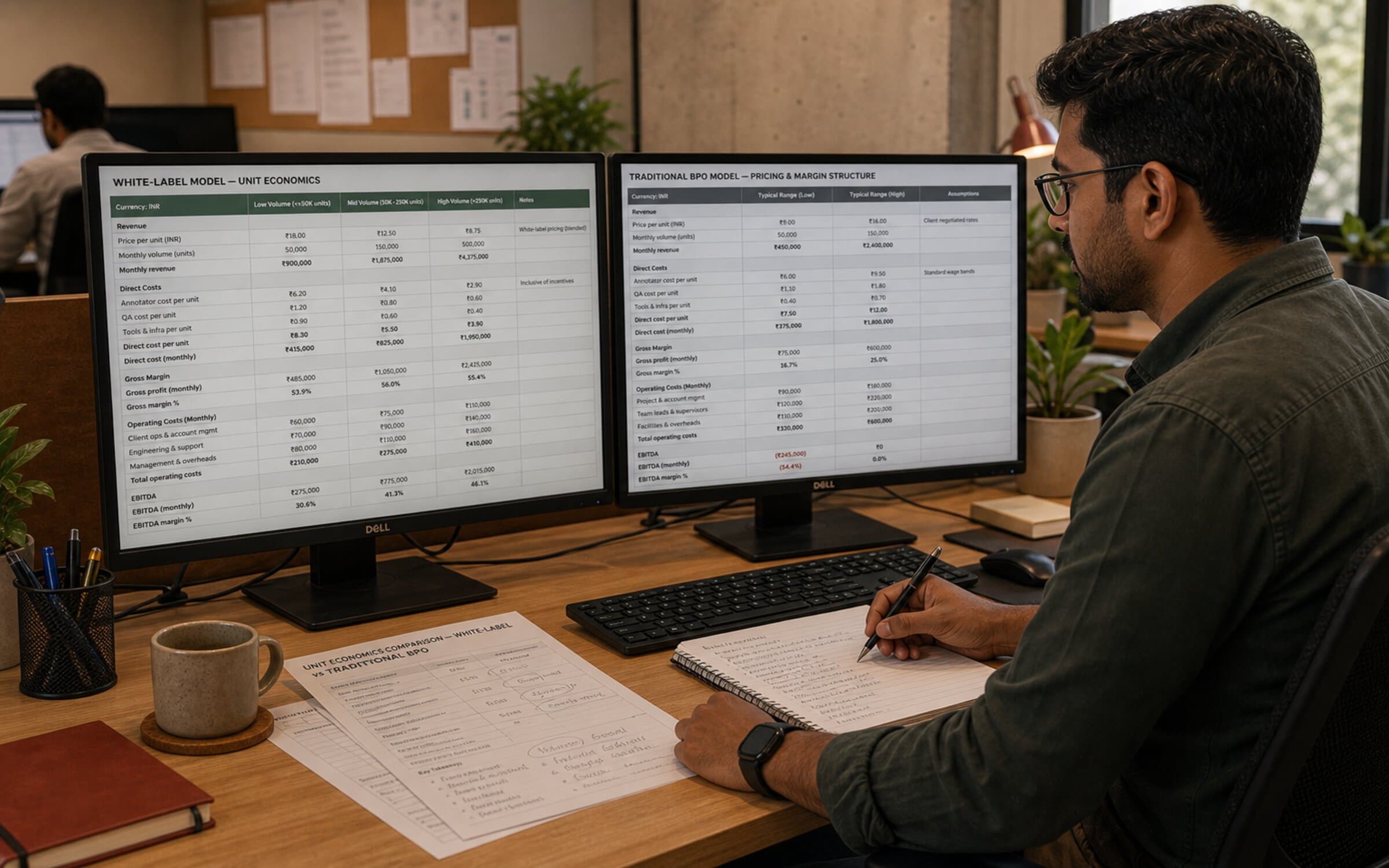 Strategy lead comparing white-label and traditional BPO unit economics.