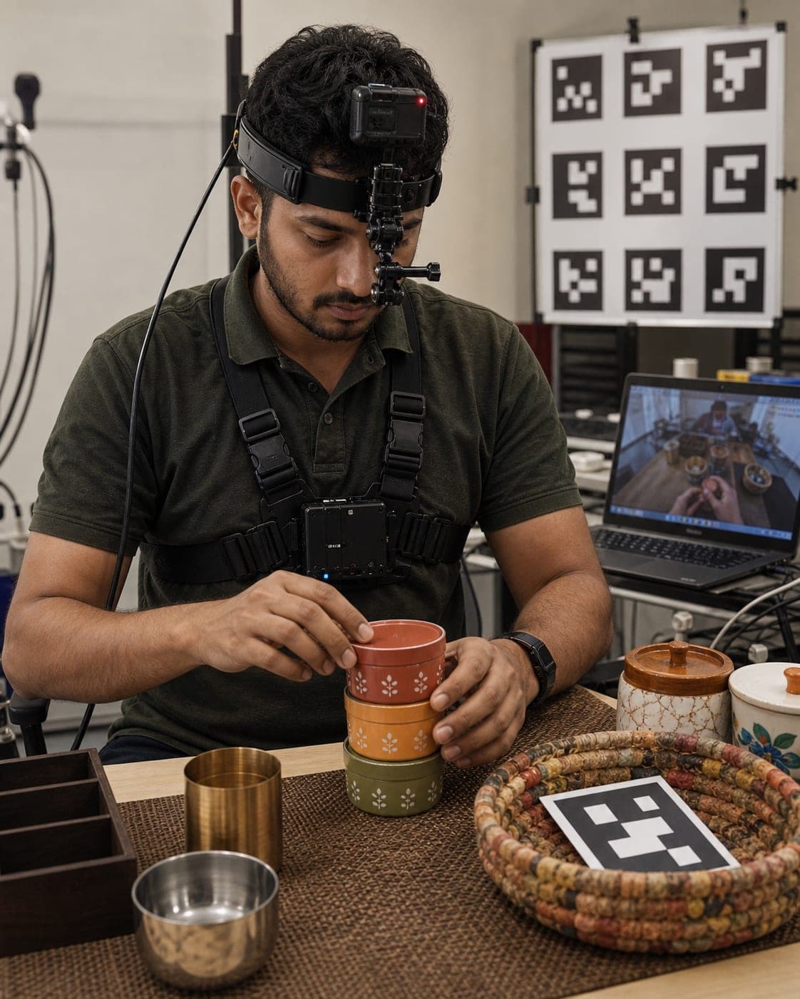 IndiVillage specialist in a head- and chest-mounted capture rig performing a manipulation task, with calibration markers and a live first-person feed on the laptop