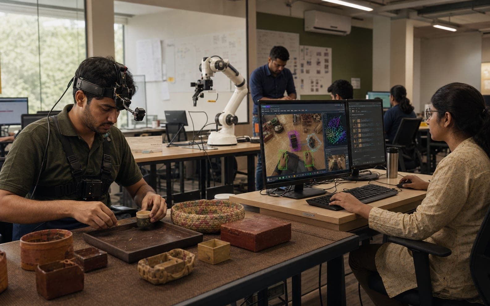 IndiVillage robotics workshop — AR-headset operator capturing tactile interaction data while colleagues review CV overlays at adjacent workstation