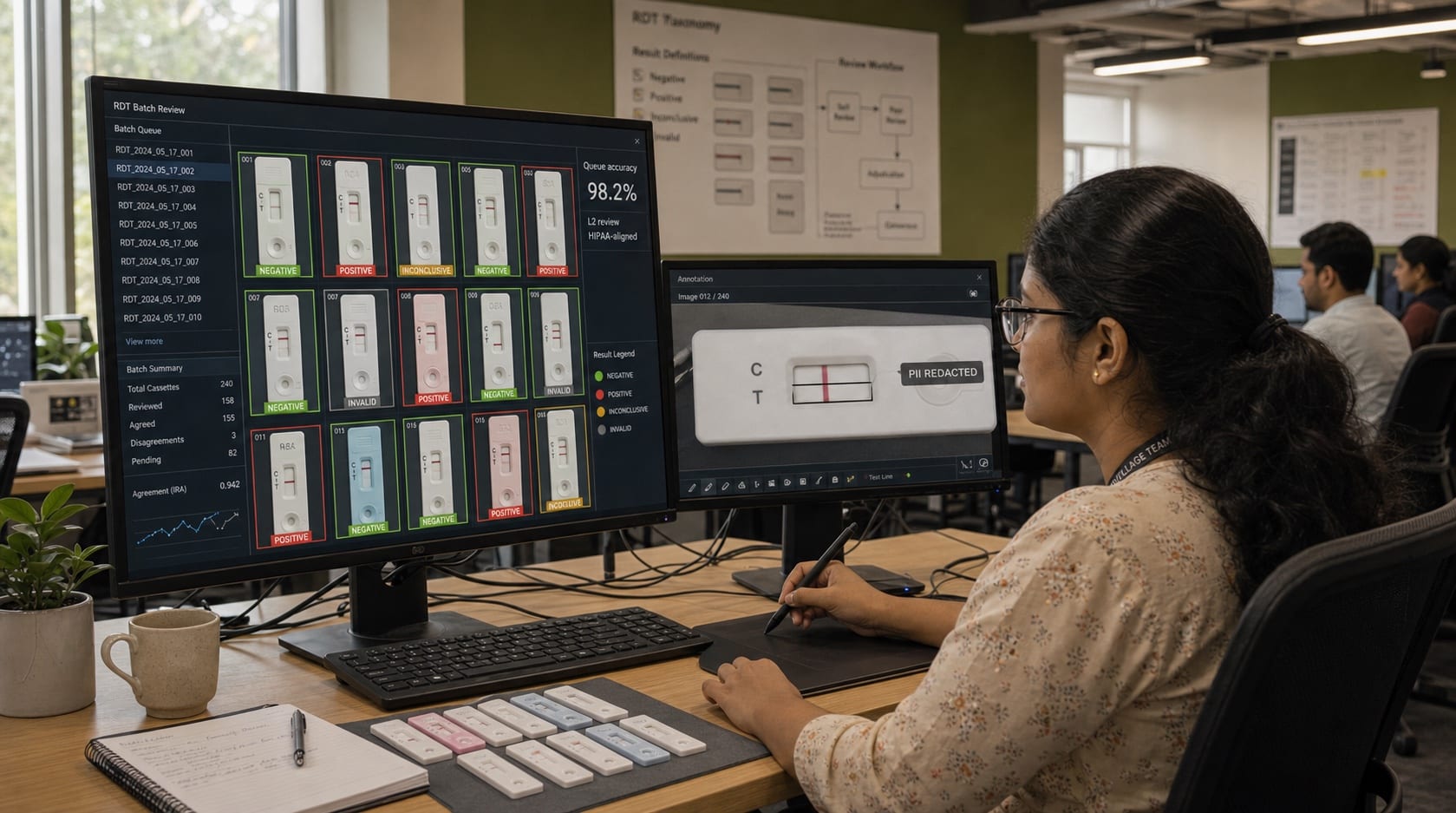 Clinical annotator reviewing rapid-diagnostic-test cassette annotation queue with batch QA dashboards